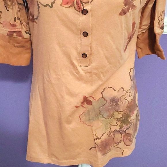 Gypsy Pink Peachy Botanical Floral Quarter Buttoned Fitted Sweater Top - Picture 3 of 10